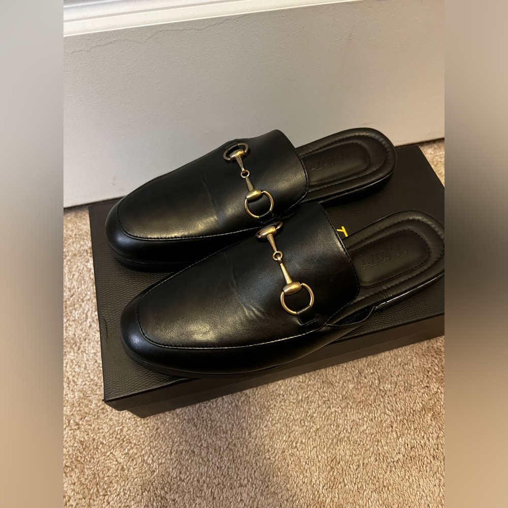 Mens Black Leather Backless Slip On Mule Gold Buckle Loafers Shoes